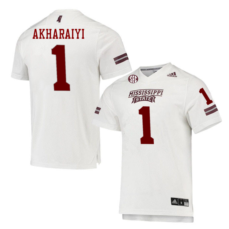 Men #1 Kelly Akharaiyi Mississippi State Bulldogs College Football Jerseys Stitched-White